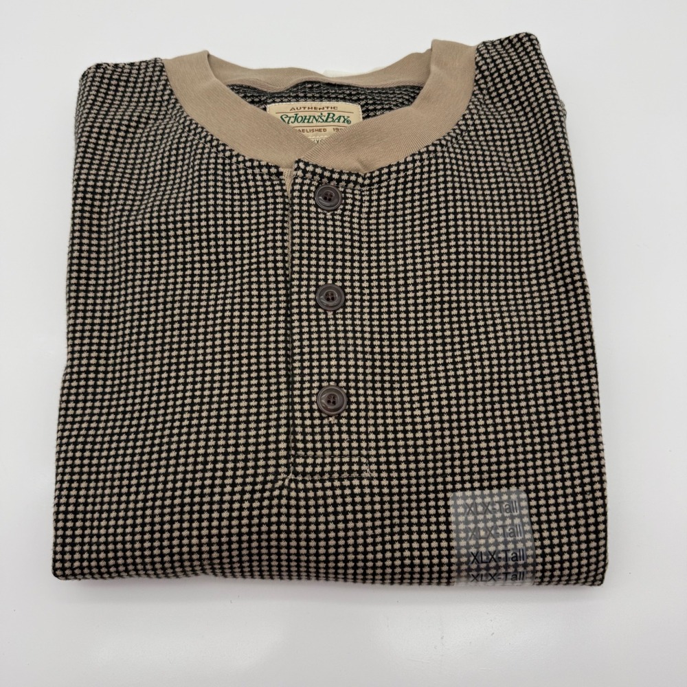 Vintage St. John's Bay XLX Tall Long Sleeve Henley Shirt NOS Black Tan 100% Cott